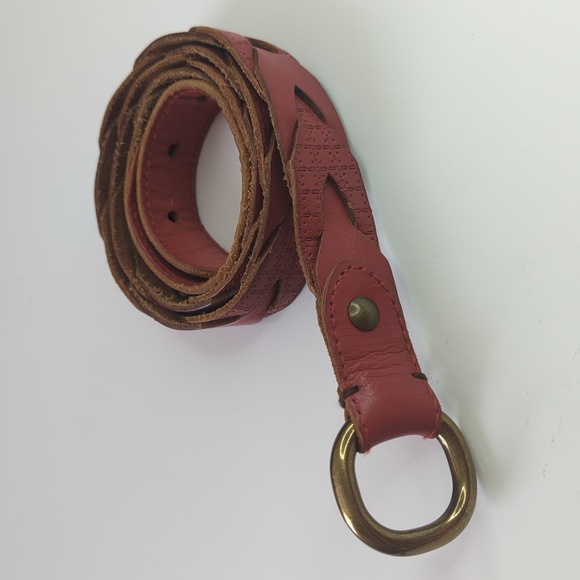 Fossil Bohemian Floral Embossed Braided Genuine Leather Loop Belt Coral Pink S - Picture 1 of 8